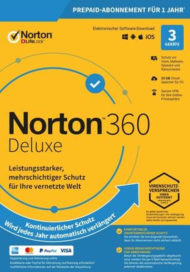 Norton 360 Deluxe 3 Geräte 1 Jahr 2022 / 2023 Internet Security Key