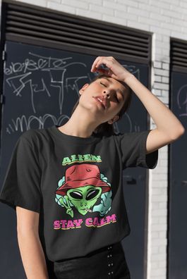 Bio Damen Oversize T-Shirt 420 High Alien Smoke Stay Calm Gras kiffen weed