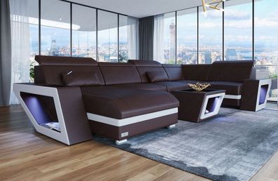 Ledersofa Wohnlandschaft Catania dunkelbraun-weiß Sofa mit LED Couch Beleuchtung- USB