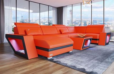 Ledersofa Wohnlandschaft Catania orange-schwarz Sofa mit LED Couch Beleuchtung - USB