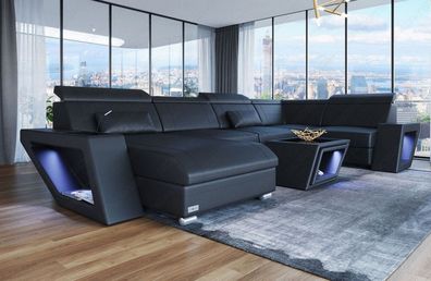 Ledersofa Wohnlandschaft Catania schwarz Sofa mit LED Couch Beleuchtung - USB Anschl.