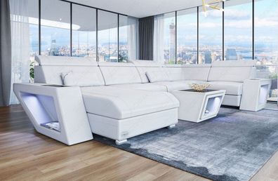 Ledersofa Wohnlandschaft Catania weiß Sofa mit LED Couch Beleuchtung - USB Anschluss