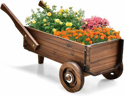 Blumenwagen Holz, Pflanzwagen mit Rädern und Griffen, Blumenkarre mit Abflussloch