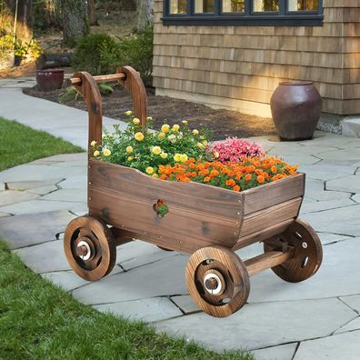Blumenwagen Holz, Pflanzwagen mit Rädern und Griff, Pflanzkasten mit Abflussloch