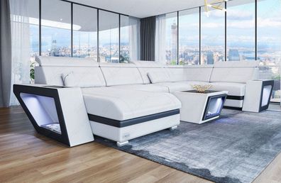 Leder Wohnlandschaft Catania weiß-schwarz Sofa mit LED Couch Beleuchtung - USB