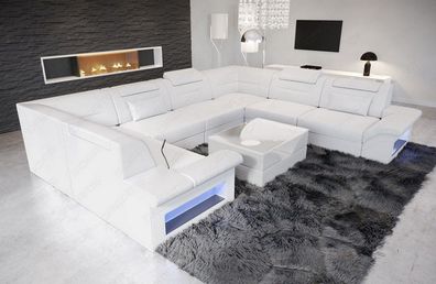 Ledersofa Wohnlandschaft Brianza L Form weiss Sofa mit LED Couch Beleuchtung - USB
