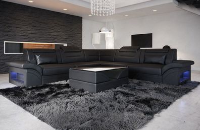 Ledersofa Wohnlandschaft Brianza L Form schwarz Sofa mit LED Couch Beleuchtung - USB