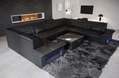 Ledersofa Wohnlandschaft Brianza U Form schwarz Sofa mit LED Couch Beleuchtung - USB