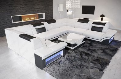 Ledersofa Wohnlandschaft Brianza U Form weiß-schwarzmit LED Couch Beleuchtung - USB