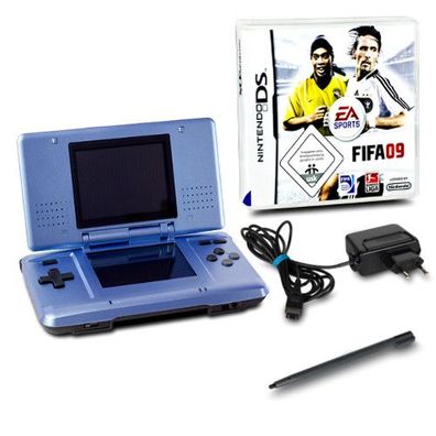 Nintendo DS Handheld Konsole metallic hellblau #60A + Ladekabel + Spiel Fifa 09