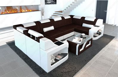 Sofa Wohnlandschaft Padua U Form Strukturstoff - LED Couch Beleuchtung - USB Anschl.