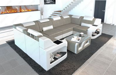Couch Wohnlandschaft Padua U Form Strukturstoff - LED Sofa Beleuchtung - USB Anschl.