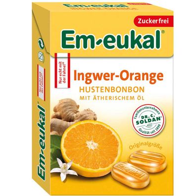 Em eukal Box Ingwer Orange Hustenbonbon Ätherische Öle zuckerfrei 50g