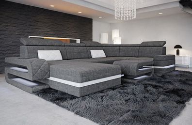 Wohnlandschaft Bologna U Form Couch Polstersofa Strukturstoff - LED Sofa Beleuchtung