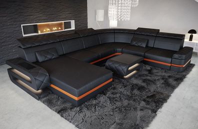 Ledersofa Wohnlandschaft Bologna XXL Sofa mit LED Couch Beleuchtung - USB Anschluss