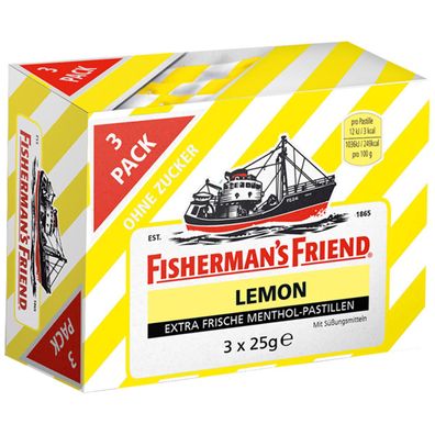 Fishermans Friend Lemon Menthol Pastillen ohne Zucker 3 Tüten 75g