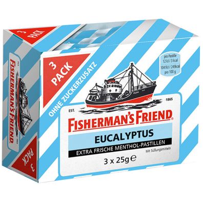 Fishermans Friend Eucalyptus Menthol ohne Zuckerzusatz 3 Tüten 75g