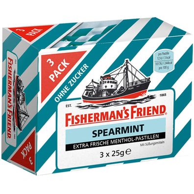 Fishermans Friend Spearmint Menthol Pastillen ohne Zucker 3 Tüten 75g