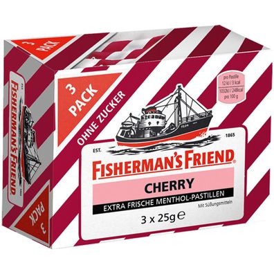 Fishermans Friend Cherry Menthol Pastillen ohne Zucker 3 Tüten 75g