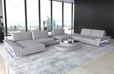 Wohnlandschaft Bari XXL Sofa Couch - Webstoff o Mikrofaser - LED Licht - USB Anschl.