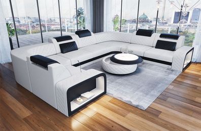 Ledersofa Wohnlandschaft Foggia U Form Sofa mit LED Couch Beleuchtung - USB Anschluss