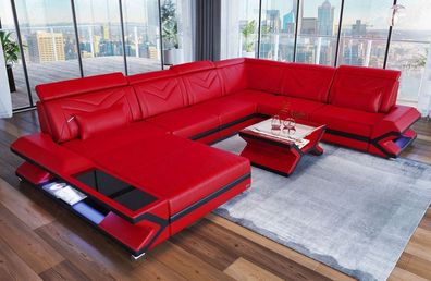 Ledersofa Wohnlandschaft Napoli XL rot Sofa mit LED Couch Beleuchtung - USB Anschluss