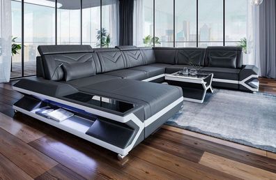Wohnlandschaft XL Napoli Ledersofa grau Sofa mit LED Couch Beleuchtung - USB Anschlus