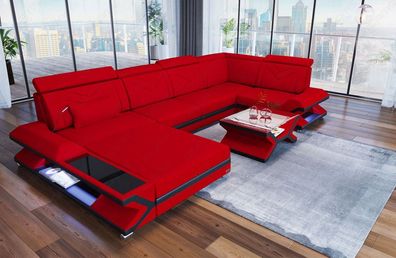 Wohnlandschaft Napoli U Form rot Sofa in Webstoff o. Mikrofaser - LED Licht - USB