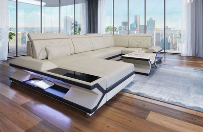 Couch Wohnlandschaft Napoli U Form beige Sofa mit LED Couch Beleuchtung - USB