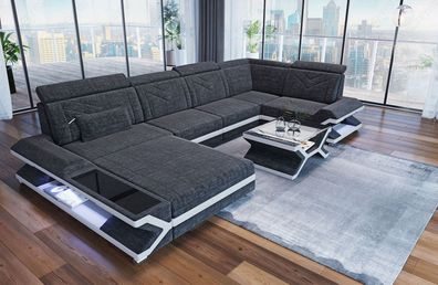 Sofa Wohnlandschaft Napoli U Form Dunkelgrau Sofa mit LED Couch Beleuchtung - USB
