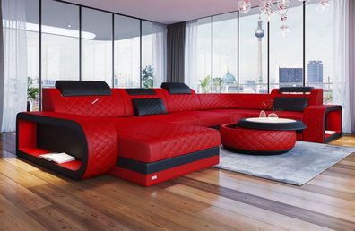 Ledersofa Wohnlandschaft Berlin U Form rot Sofa mit LED Couch Beleuchtung - USB