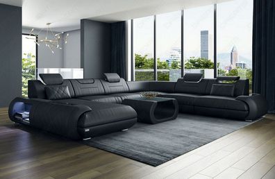 XXL Wohnlandschaft Rimini Ledersofa schwarz Sofa mit LED Couch Beleuchtung -USB