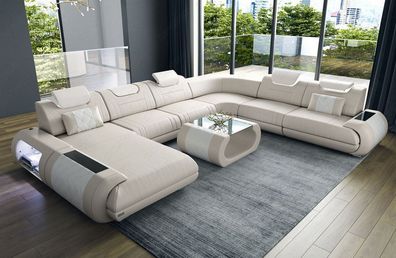 XXL Wohnlandschaft Rimini Ledersofa beige Sofa mit LED Couch Beleuchtung -USB