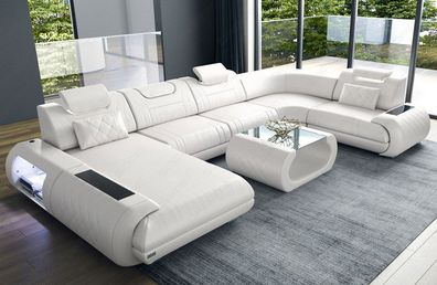 Ledersofa Wohnlandschaft Rimini U Form weiß Sofa mit LED Couch Beleuchtung -USB