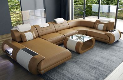 Wohnlandschaft Rimini U Form Ledersofa sandbeige Sofa mit LED Couch Beleuchtung -USB