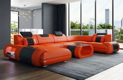 Wohnlandschaft Rimini U Form Ledersofa orange Sofa mit LED Couch Beleuchtung -USB