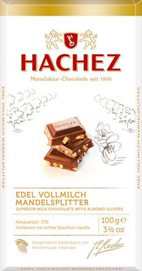Hachez Edel Vollmilch mit Mandelsplitter Schokoladen Tafel 100g