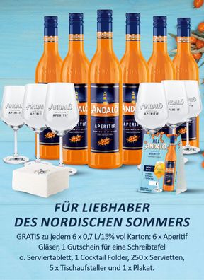 6 Flaschen Behn Andalö Sanddornlikör 15% Vol. 0,7 l + 6 Andalö Aperitif Gläser