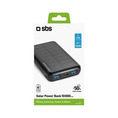SBS Solar-Powerbank 10.000mAh mobiles Ladegerät mit integriertem Solarpanel