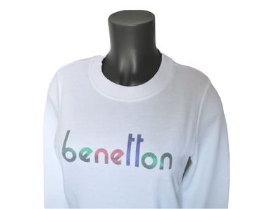 Damen Sweat Shirt Pullover von Benetton Gr. XL langarm weiß blau 100% Baumwolle