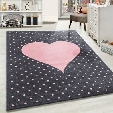 Kinderteppich Kinderzimmer Teppich Herz und Punkte Motiv Pink Grau Farben