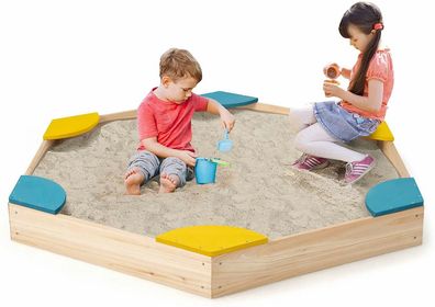 140 x 122 x 14cm Sandkasten Holz, Sandbox mit 6 integrierten Sitzen, Kinder Sandkiste