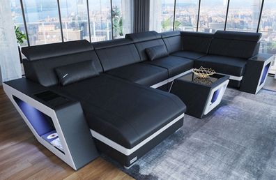 Ledersofa Wohnlandschaft Catania schwarz-weiß Sofa mit LED Couch Beleuchtung -USB