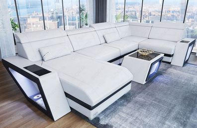 Ledersofa Wohnlandschaft Catania U Form Sofa mit LED Couch Beleuchtung -USB Anschluss