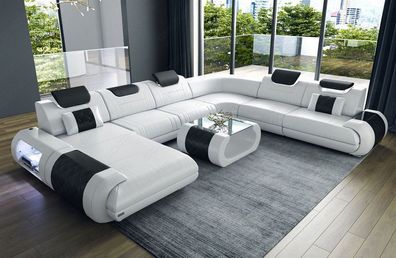 Ledersofa Wohnlandschaft Rimini XXL Leder Sofa mit LED Couch Beleuchtung -USB