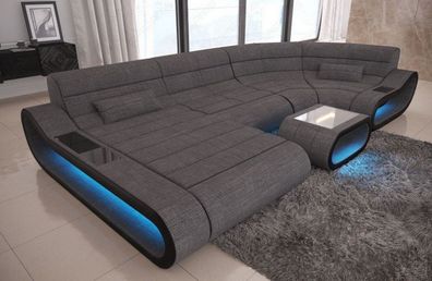 Sofa Wohnlandschaft Concept U Form Grau Webstoff -LED Sofa Beleuchtung -USB