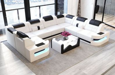 Sofa Wohnlandschaft Leder Como U Form weiss-schwarz Sofa mit LED Couch Beleuchtung