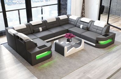 Ledersofa Wohnlandschaft Como U Form grau Sofa mit LED Couch Beleuchtung -USB Anschl.