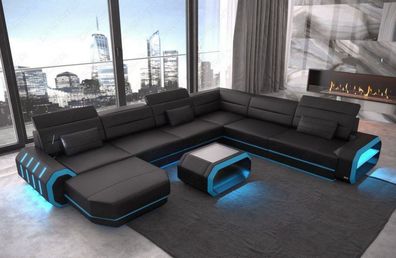 Wohnlandschaft Roma XXL Ledersofa Sofa mit LED Couch Beleuchtung -USB Anschluss