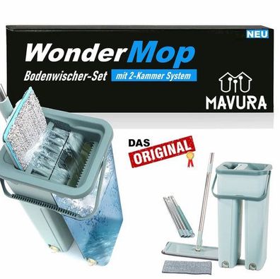 WonderMop Profi Bodenwischer Set Wischmop Mikrofaser-Mopp 2-Kammer-System Eimer